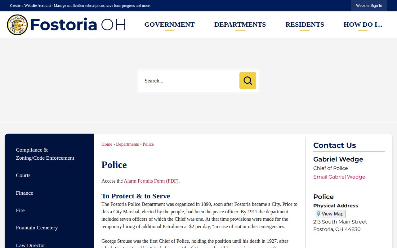 Fostoria Police Department arrest-record contact page