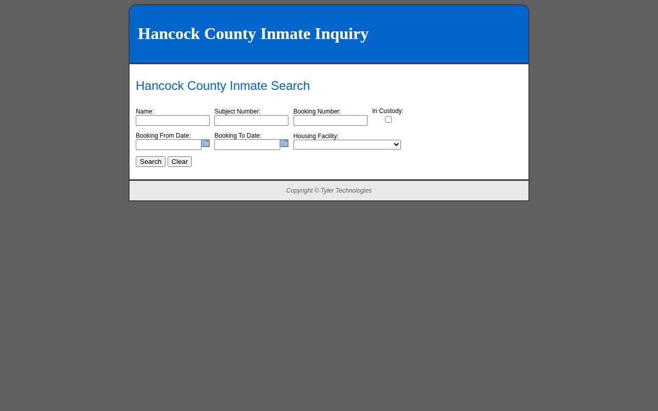 Hancock County inmate inquiry booking-record search form
