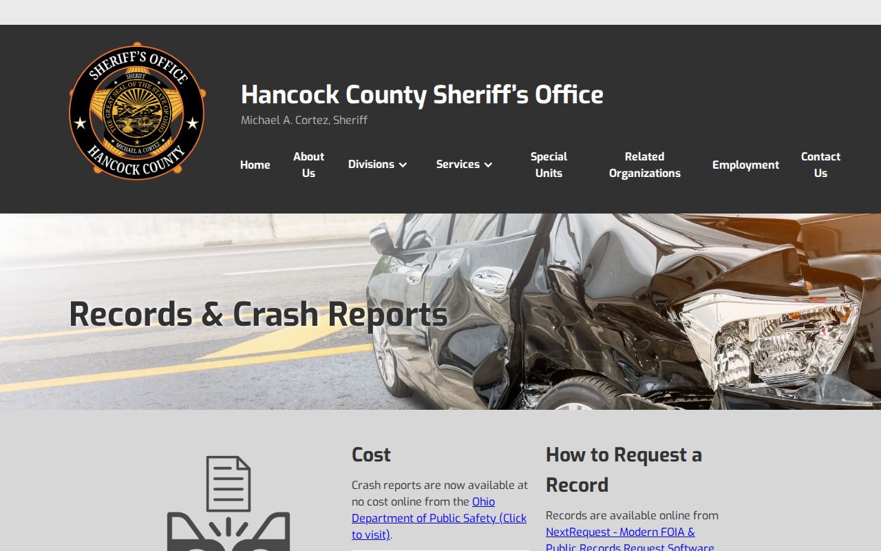 Hancock County Sheriff records-request page for booking records