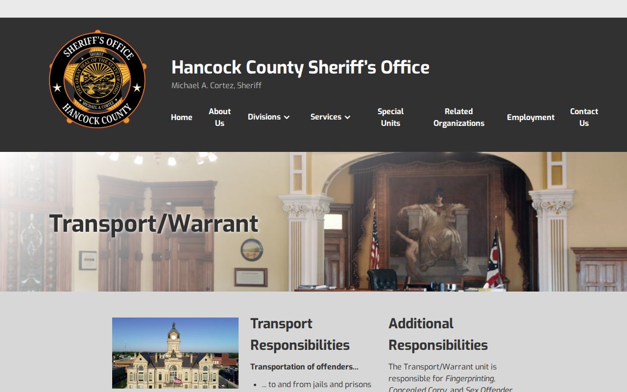 Hancock County Sheriff Transport and Warrant Unit information page